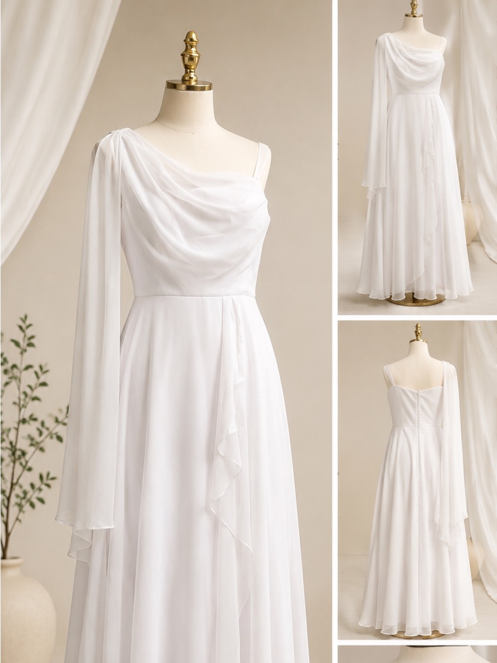 White Formal One-Shoulder Gown with Draped Bodice